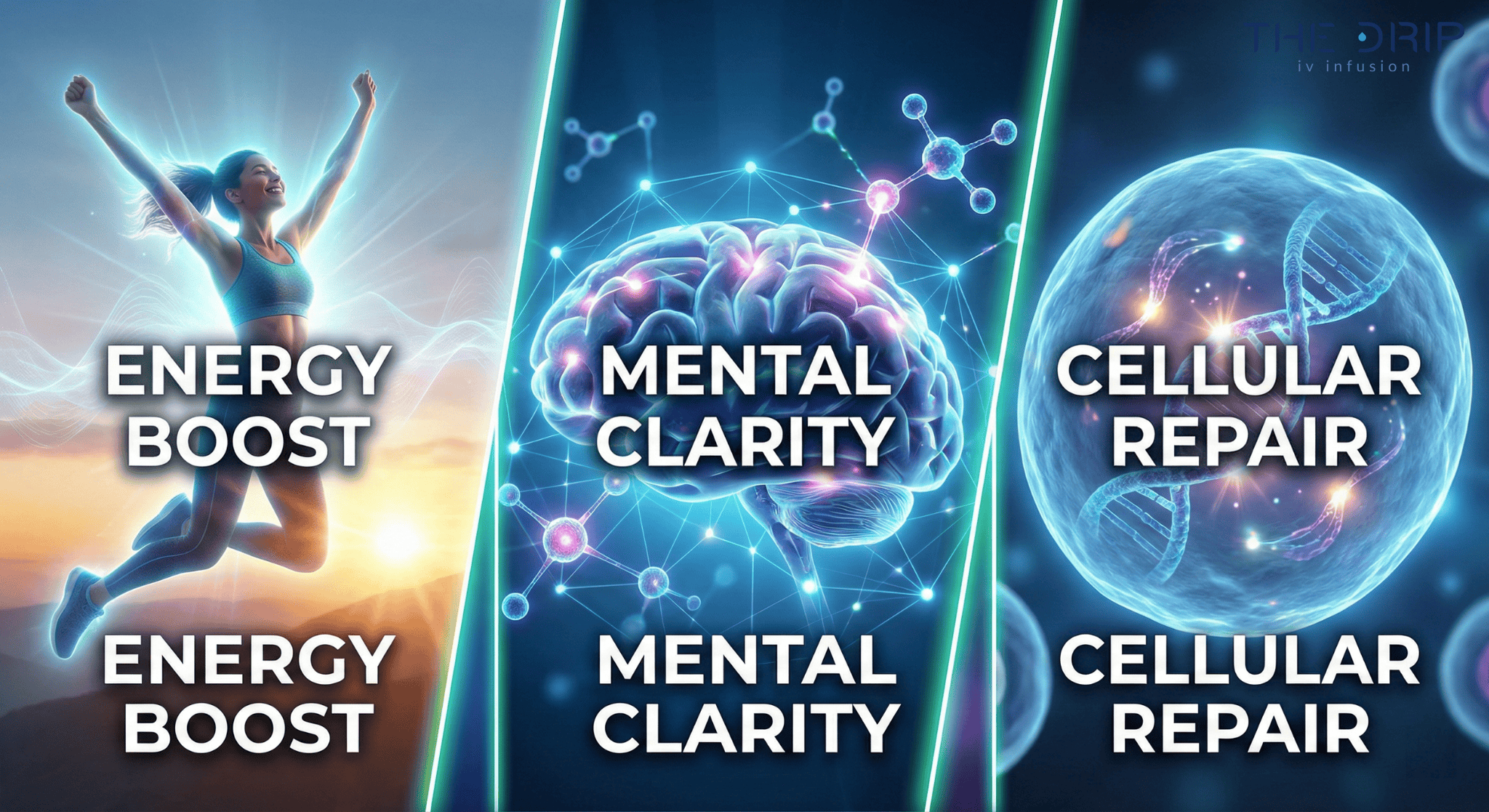 Visual showing NAD IV therapy benefits: energy, brain clarity, and cellular repair.