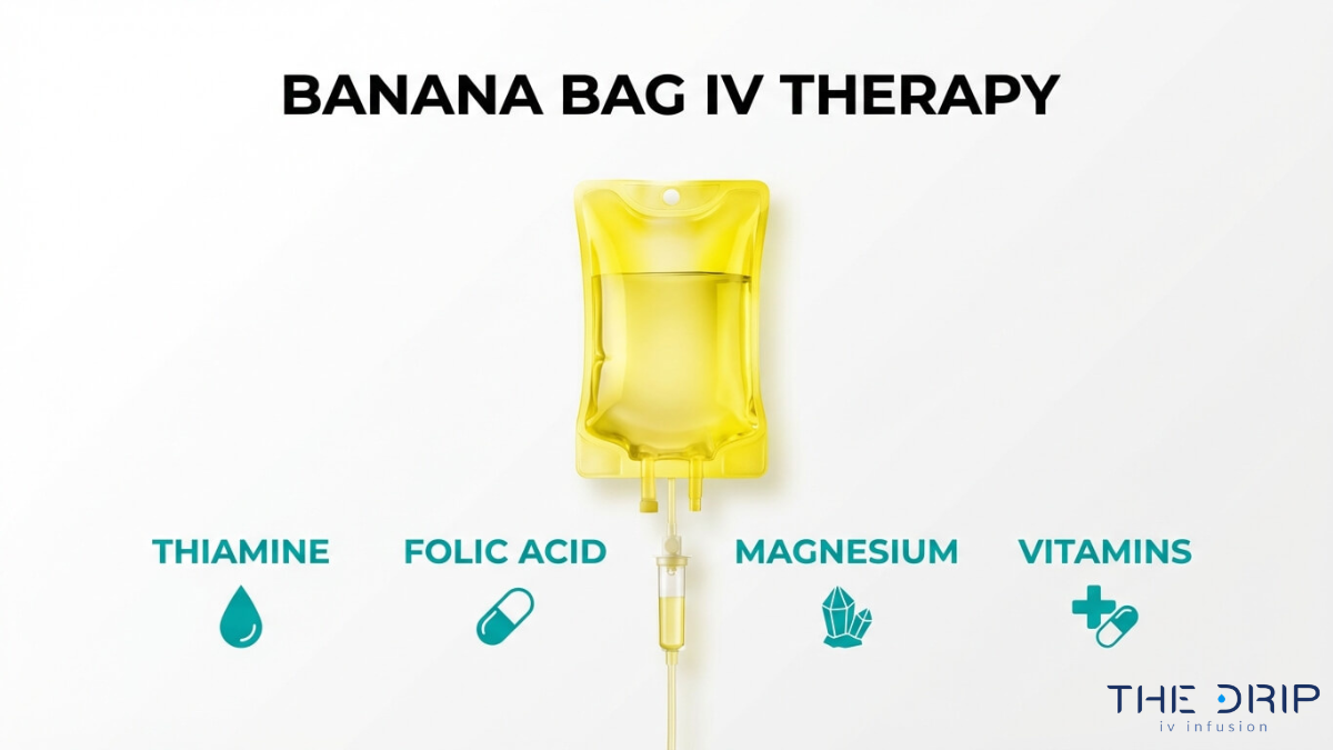 Banana bag IV therapy showing yellow vitamin infusion containing thiamine, folic acid, magnesium, and essential vitamins for recovery