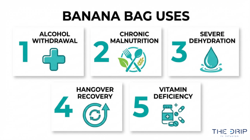 Common uses of banana bag IV therapy including alcohol withdrawal, chronic malnutrition, severe dehydration, hangover recovery, and vitamin deficiency