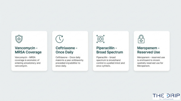 Common IV antibiotics overview cards featuring vancomycin for MRSA, ceftriaxone once daily, piperacillin broad spectrum, and meropenem reserved use