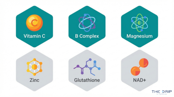 IV therapy nutrients guide showing vitamin C, B complex, magnesium, zinc, glutathione, and NAD used for immune support, energy, and cellular health