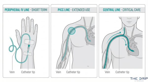 IV line types for antibiotic therapy comparison showing peripheral IV line, PICC line, and central line catheter placement and use cases