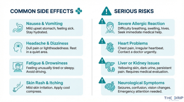 IV antibiotic side effects and serious risks chart showing nausea, headache, fatigue, rash, allergic reaction, heart problems, liver issues, and neurological symptoms