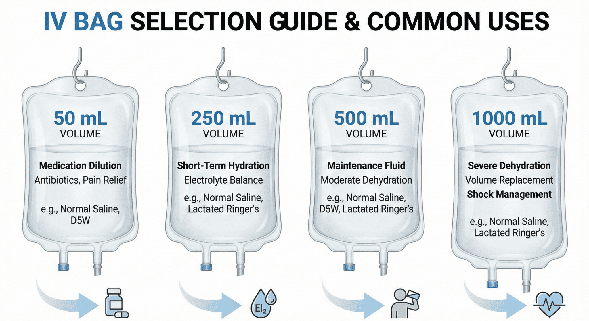 Visual guide comparing IV bag volumes and their typical uses in therapy.
