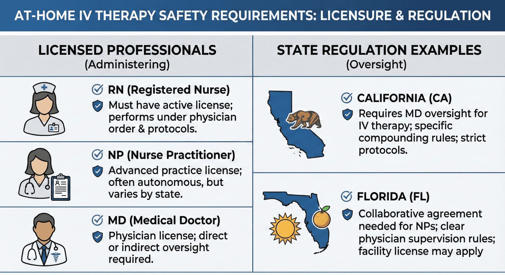 iv-therapy-provider-safety-comparison Infographic comparing licensed IV providers and state-specific safety regulations.