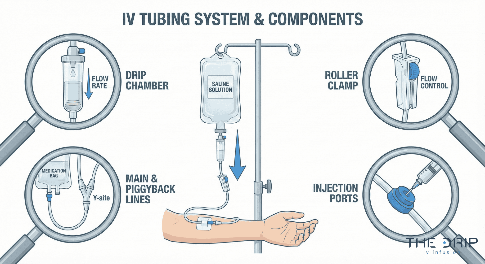 Diagram showing IV tubing connecting an IV bag to a catheter, with flow direction and labeled components.