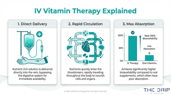 IV vitamin therapy infographic explaining direct nutrient delivery, rapid circulation in bloodstream, and maximum absorption compared to oral supplements