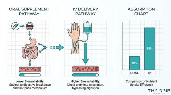 IV therapy vs oral supplements absorption comparison showing higher bioavailability of IV delivery compared to digestive breakdown of oral vitamins