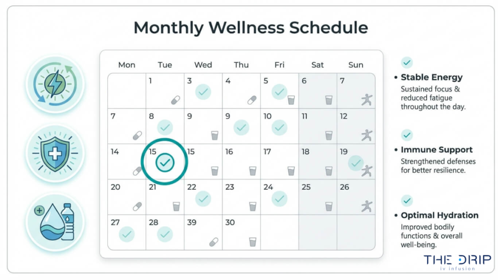 Monthly IV therapy wellness calendar showing routine treatments for energy immune support and hydration balance