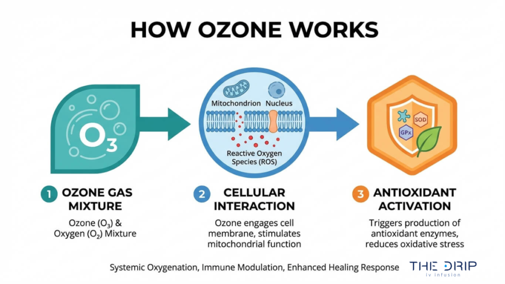 Ozone therapy mechanism diagram showing ozone and oxygen gas mixture interacting with cells to produce reactive oxygen species and activate antioxidant defense systems