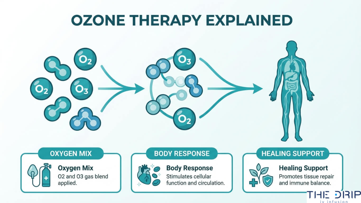 Ozone therapy process diagram showing oxygen and ozone gas blend stimulating cellular response, improving circulation, and supporting tissue healing and immune function