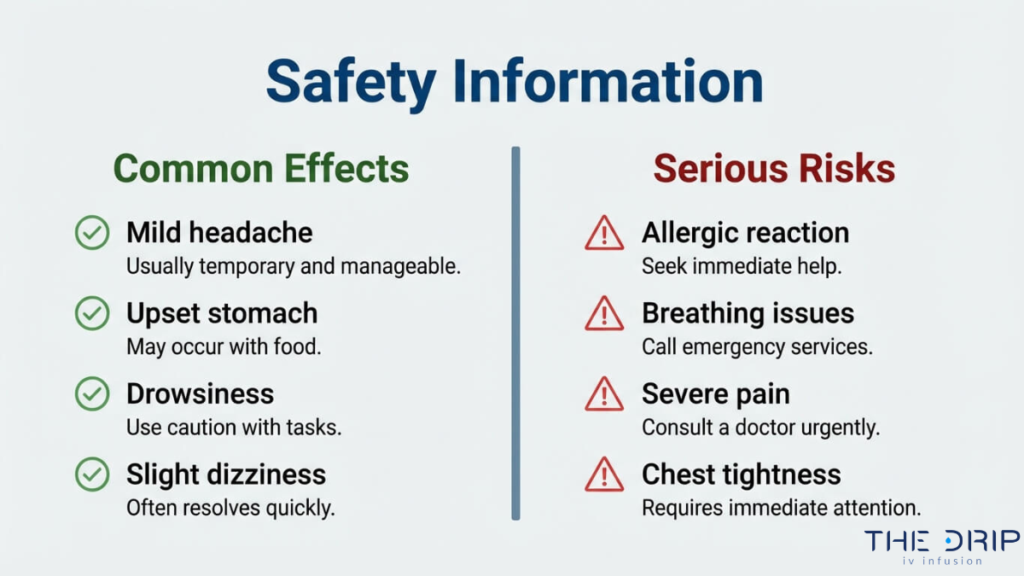 Ozone therapy safety information chart showing common side effects like headache and dizziness alongside serious risks such as allergic reactions, breathing issues, and chest tightness