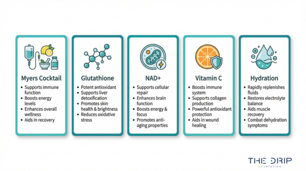 IV drip types chart featuring Myers cocktail, glutathione, NAD+, vitamin C, and hydration therapy with benefits for energy, immunity, detox, and recovery