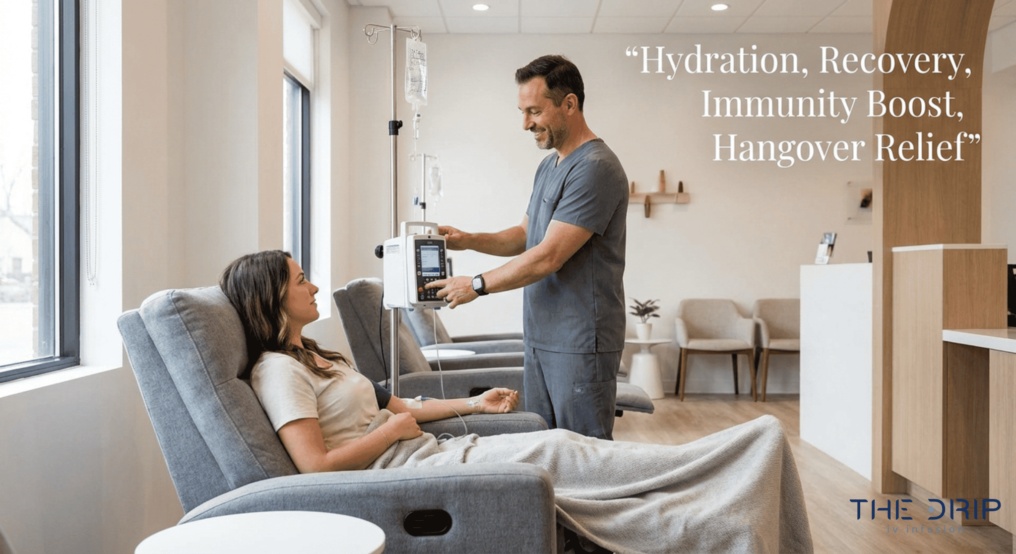 the-drip-iv-infusion-clinic-services Modern IV therapy clinic with patient receiving hydration and wellness-focused IV fluid treatment.