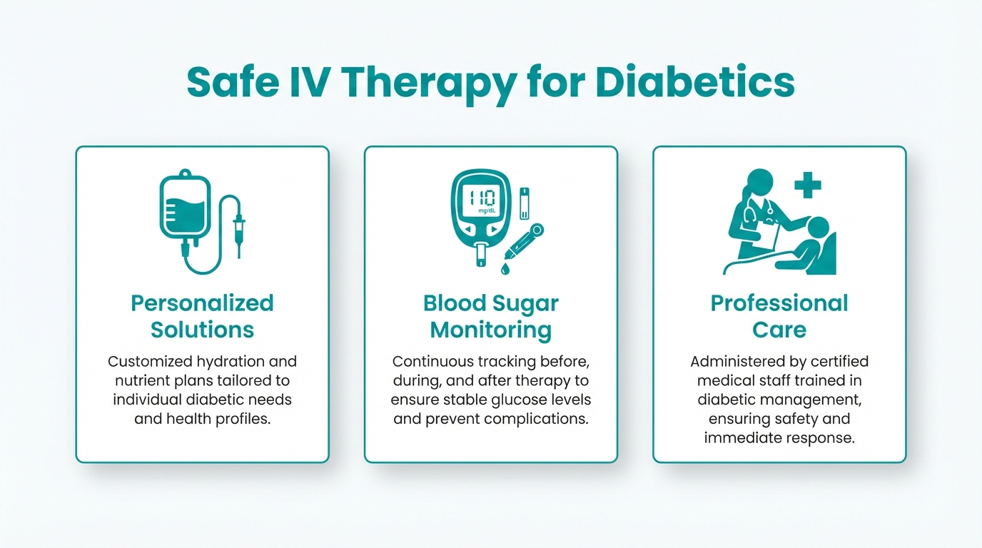 Infographic of safe IV therapy for diabetics highlighting personalized hydration solutions, continuous blood sugar monitoring, and professional care by certified medical staff.