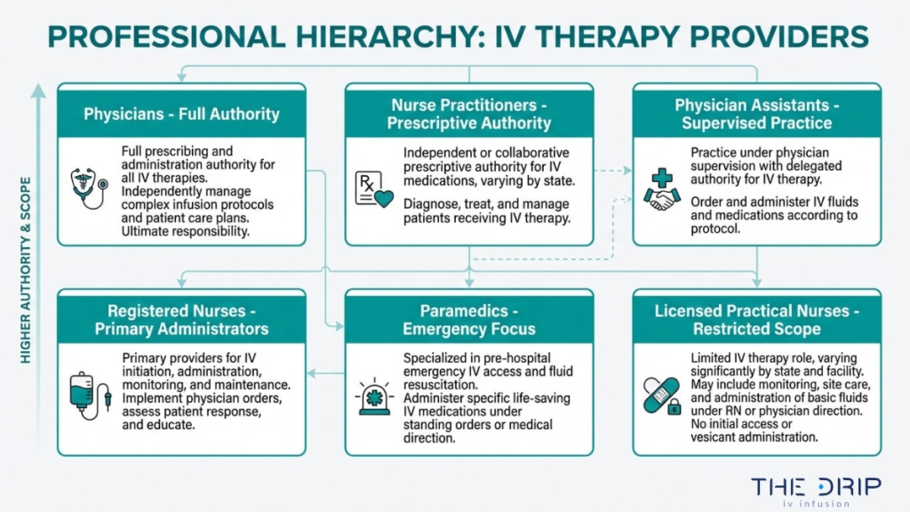 IV therapy provider hierarchy chart showing roles of physicians, nurse practitioners, physician assistants, nurses, paramedics, and LPNs