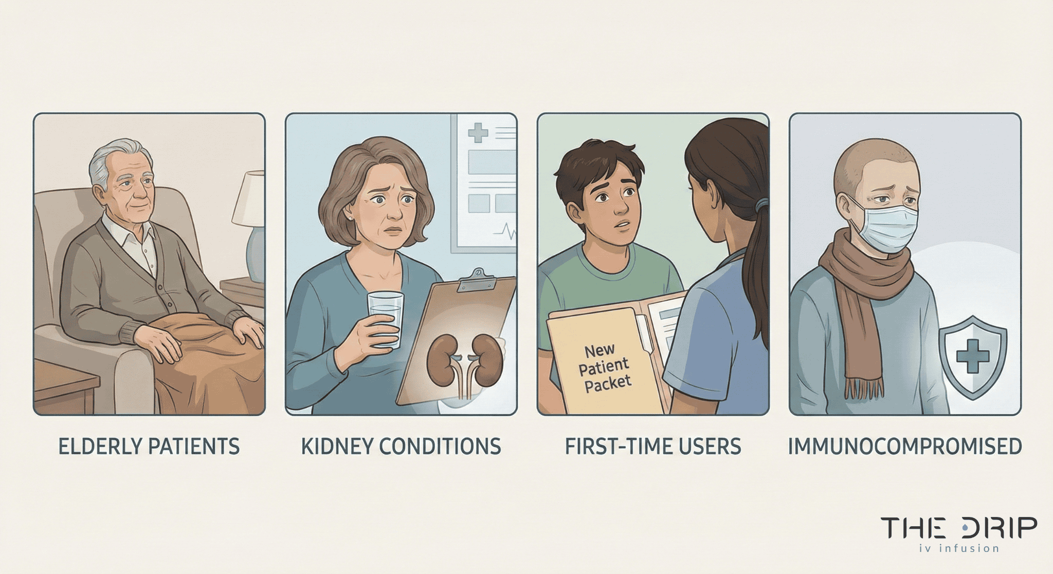 Visual showing elderly, kidney patients, and first-time users as high-risk groups for IV side effects.