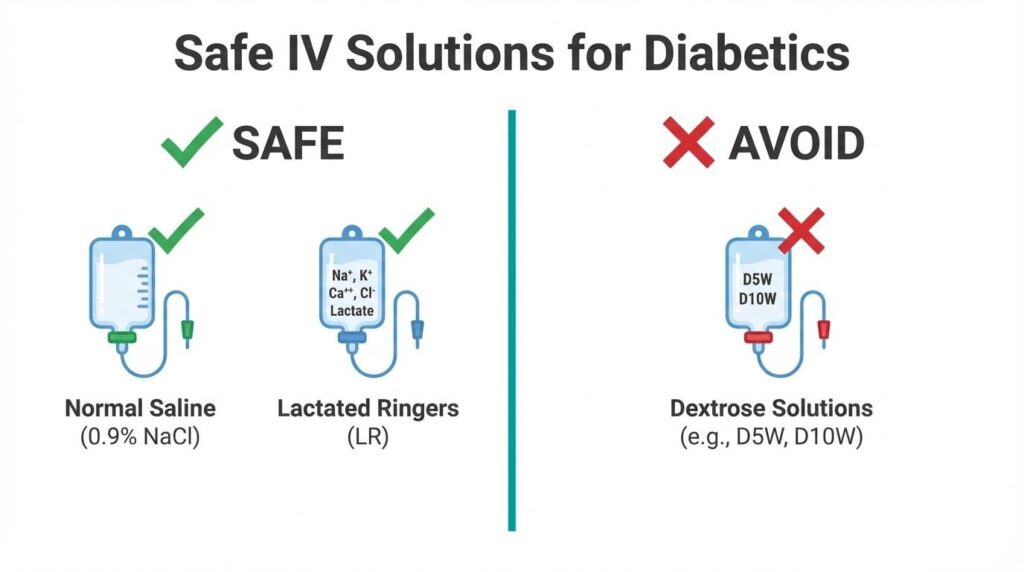 Infographic of safe IV solutions for diabetics, listing Normal Saline (0.9% NaCl) and Lactated Ringers (LR) as safe, and Dextrose solutions (D5W, D10W) as fluids to avoid.