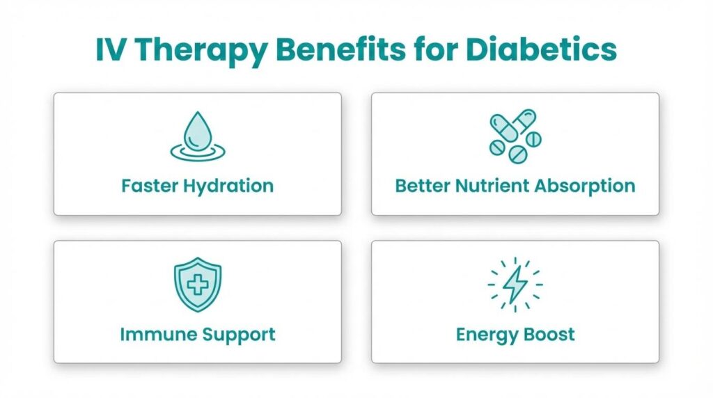 Infographic showing IV therapy benefits for diabetics: faster hydration, better nutrient absorption, immune support, and energy boost.