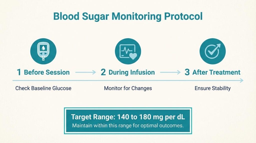 Blood sugar monitoring protocol for IV therapy: checking baseline glucose before session, monitoring during infusion, and ensuring stability after treatment with a target range of 140 to 180 mg per dL.