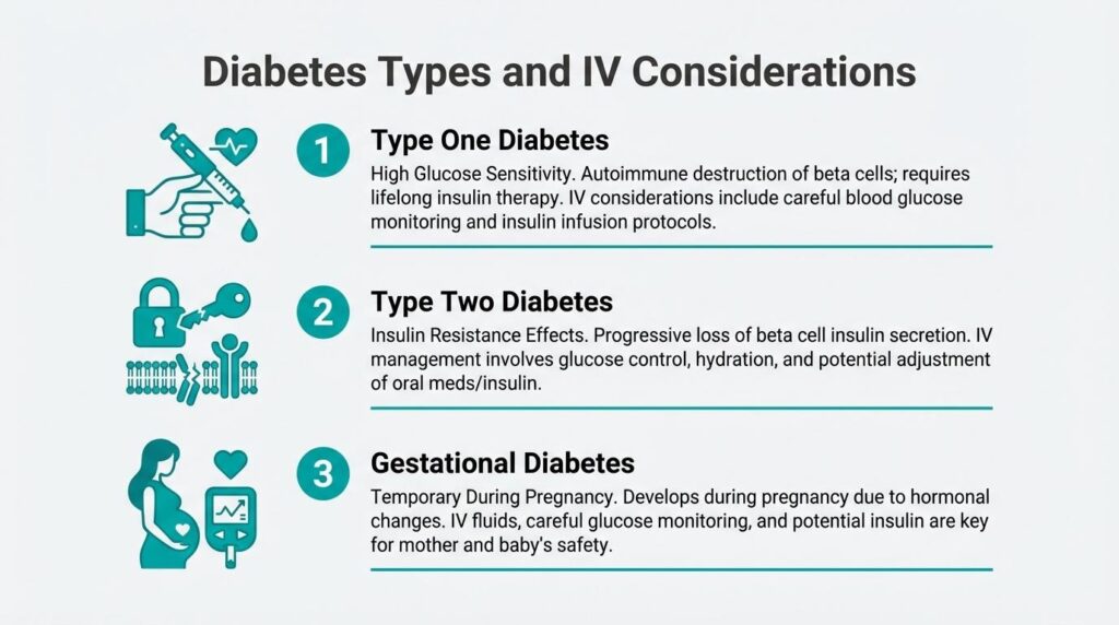 Infographic outlining Diabetes Types and IV Considerations for Type 1, Type 2, and Gestational Diabetes.