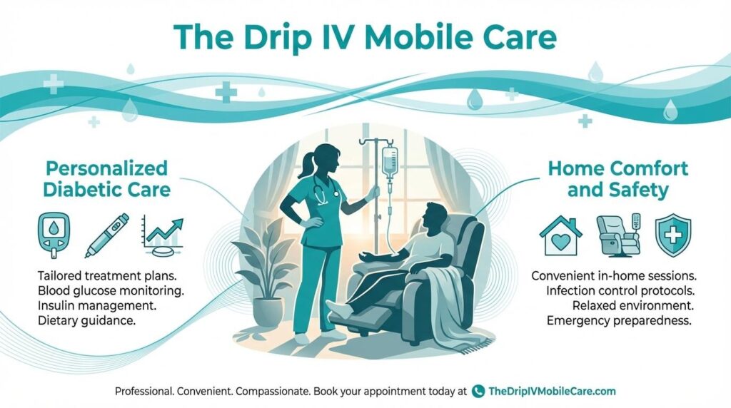 The Drip IV Mobile Care infographic for personalized diabetic care and at-home IV therapy. Features include blood glucose monitoring, insulin management, and convenient in-home sessions with infection control protocols.