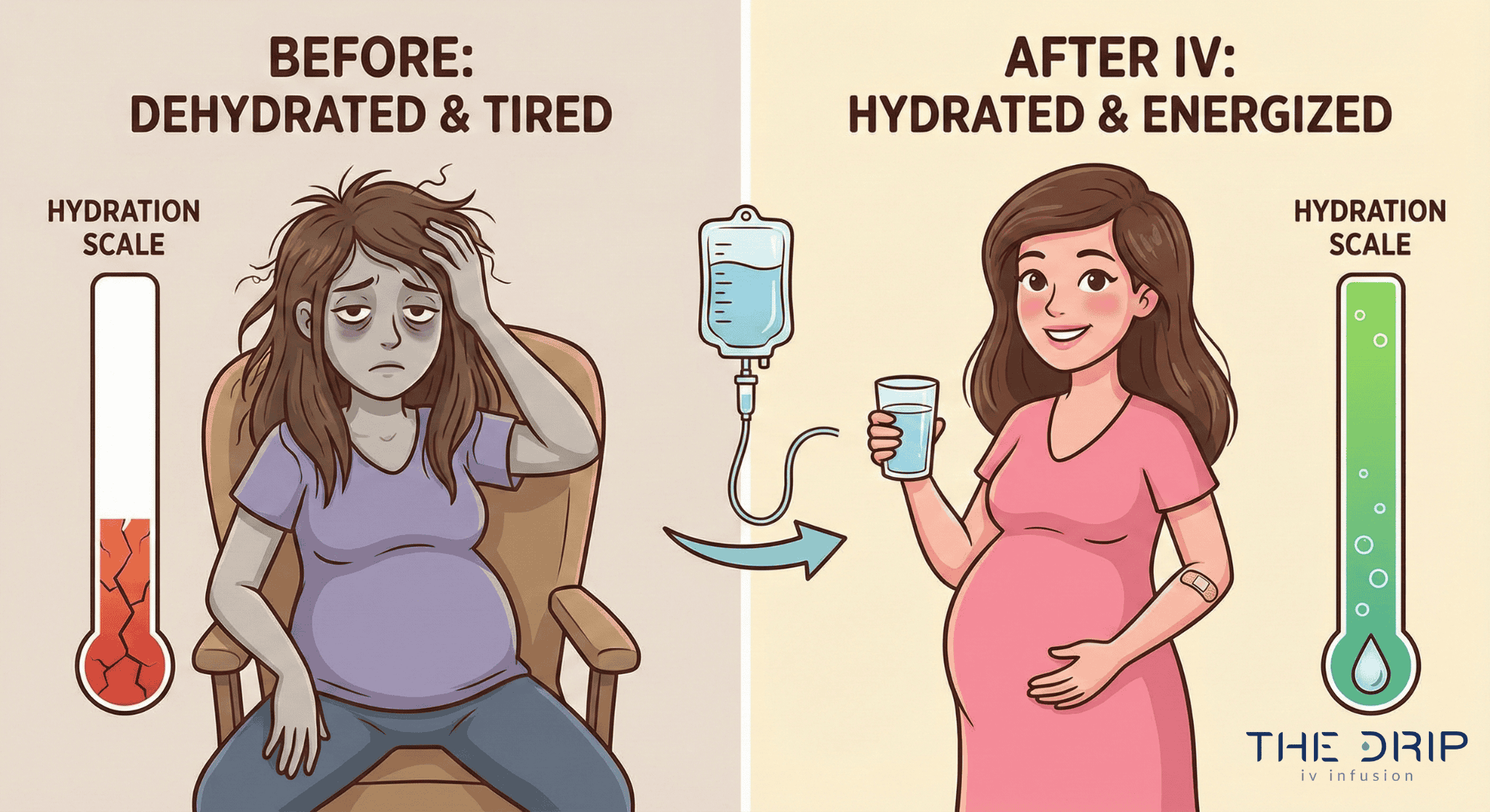 Before-and-after illustration of a pregnant woman getting relief from morning sickness with IV fluids.