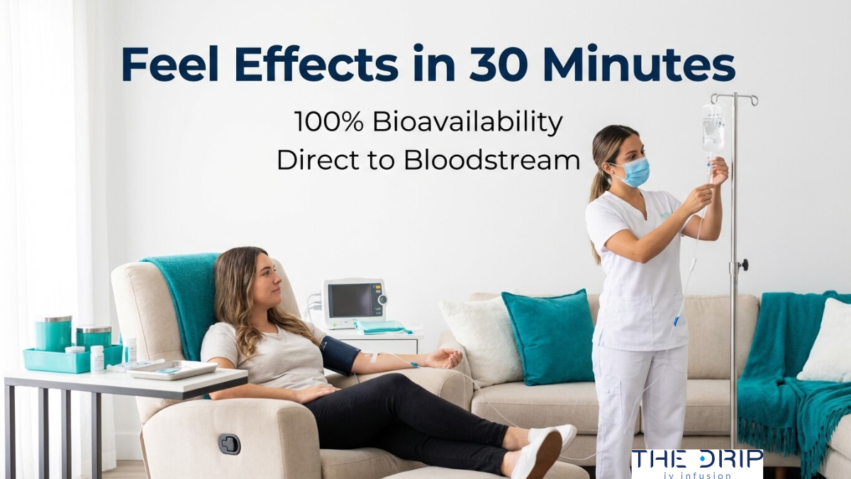 Patient receiving IV therapy at home showing fast effects within 30 minutes with direct absorption into the bloodstream