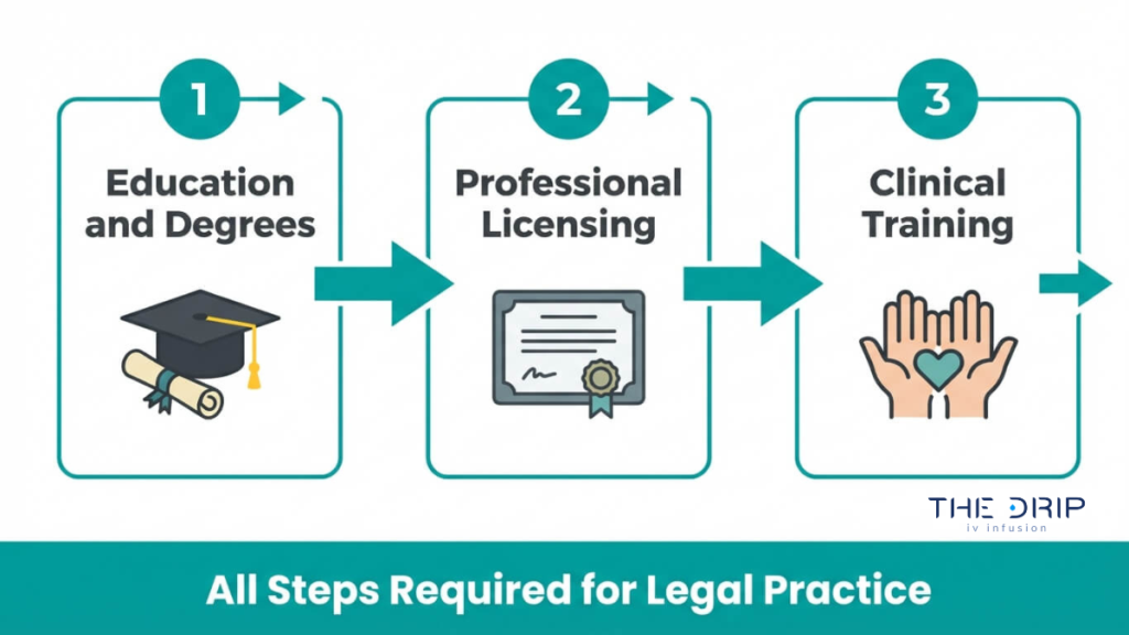Step-by-step process for legal IV therapy practice including education, professional licensing, and clinical training pathway