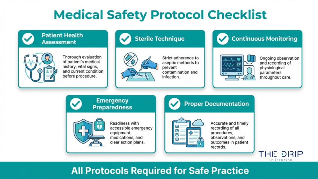 Medical safety protocol checklist highlighting patient assessment, sterile technique, monitoring, emergency preparedness, and documentation