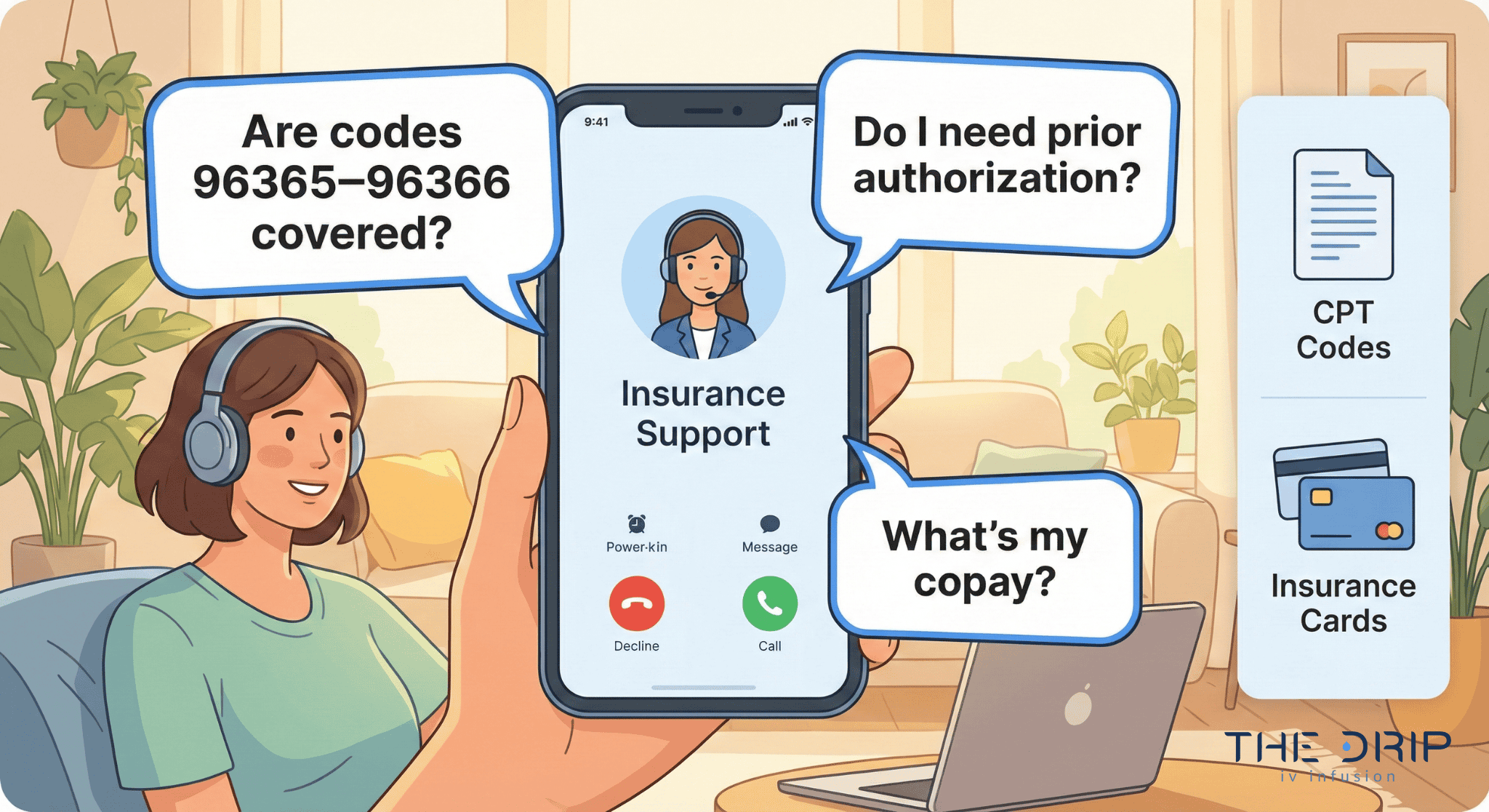 questions-to-ask-insurance-about-iv-therapy Illustration of a patient asking key questions to insurance about IV therapy coverage