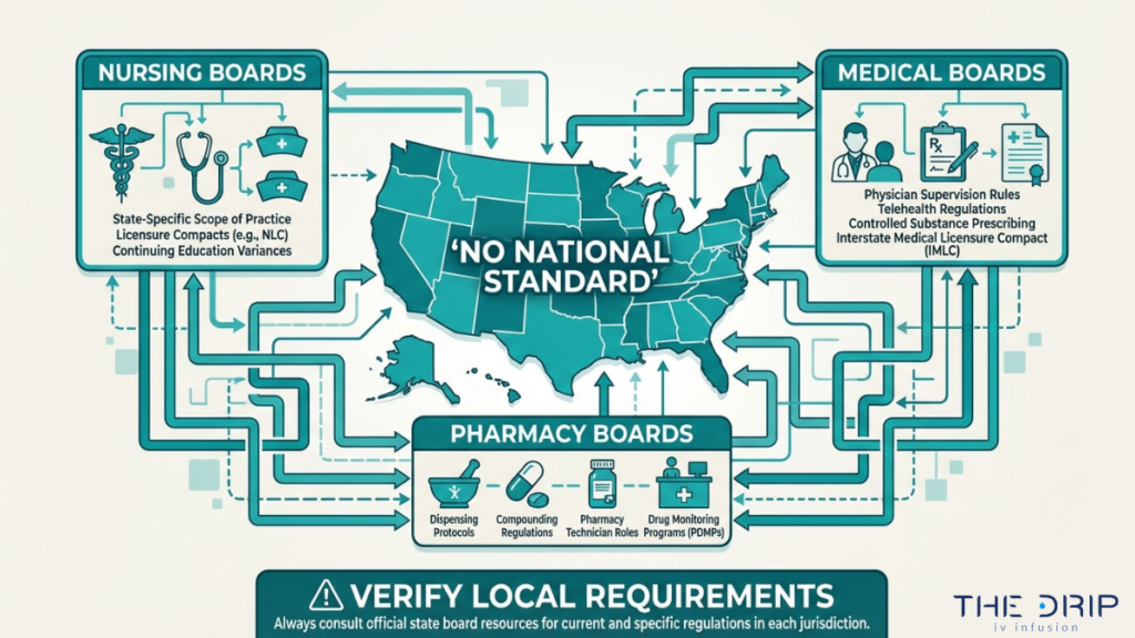 State-by-state IV therapy regulations map showing nursing, medical, and pharmacy board requirements with no unified national standard