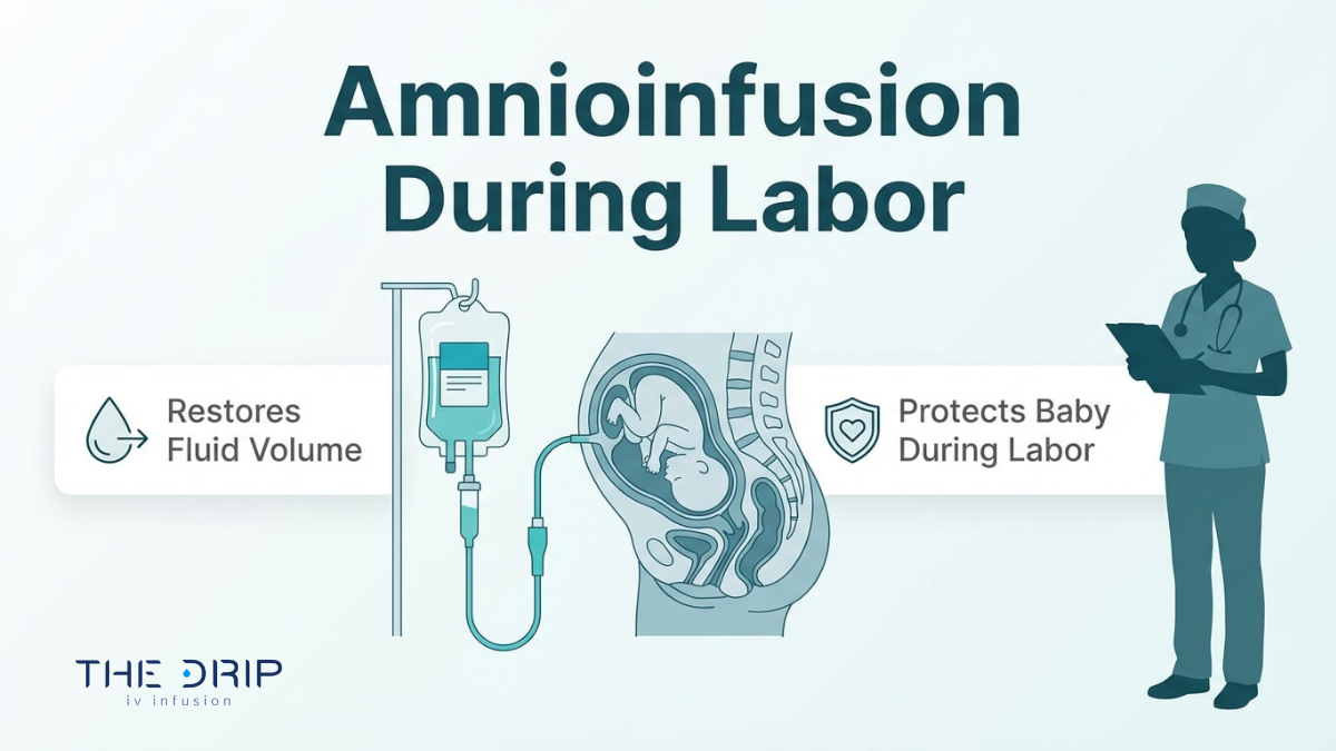 Visual of amnioinfusion during labor demonstrating IV fluid delivery to support fetal health and maintain amniotic fluid volume