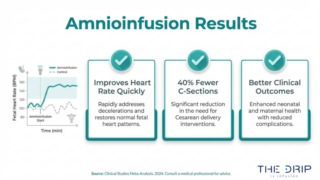 Infographic showing benefits of amnioinfusion including improved fetal heart rate, fewer C-sections, and better maternal and neonatal outcomes