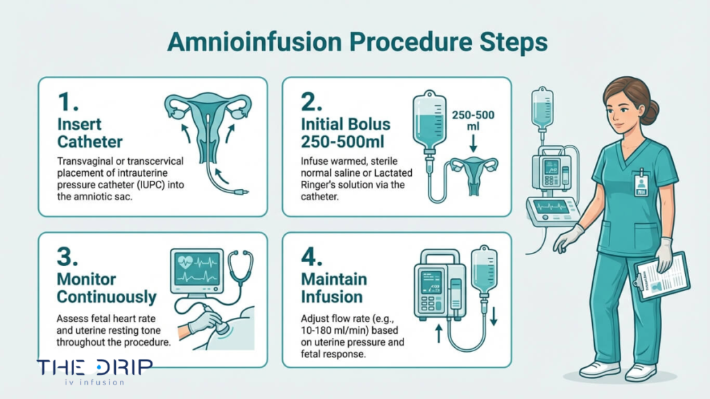 Step-by-step illustration of amnioinfusion procedure including catheter insertion, fluid infusion, monitoring, and controlled flow adjustment