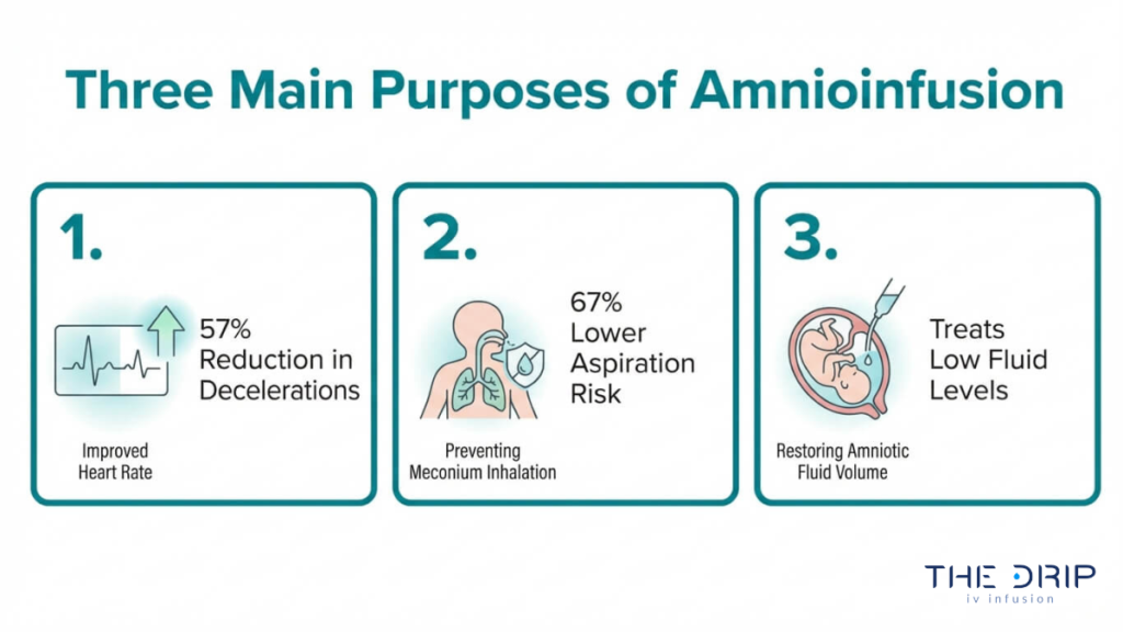 Medical diagram highlighting key purposes of amnioinfusion such as reducing fetal distress, preventing aspiration, and restoring amniotic fluid levels