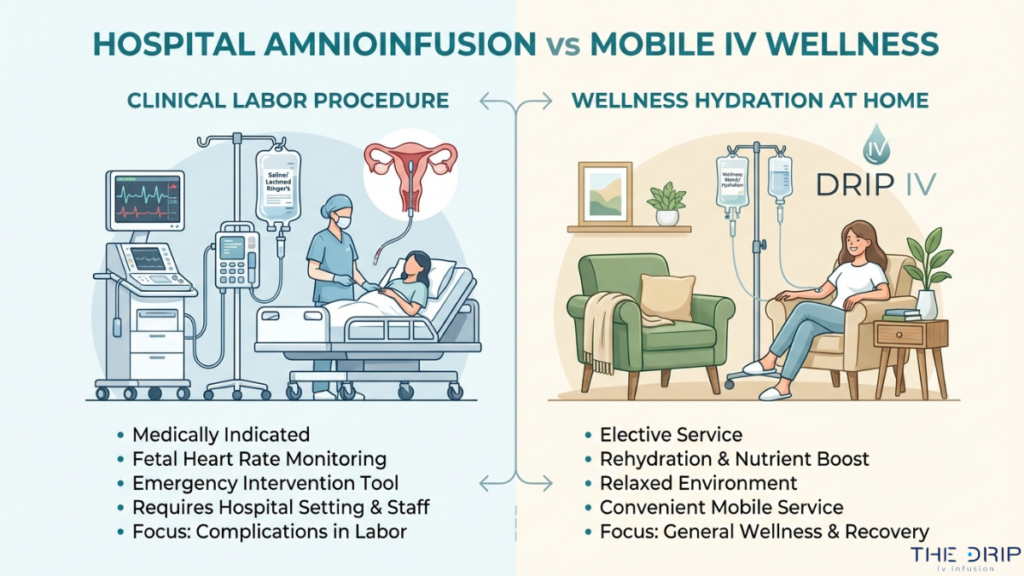 Comparison of hospital amnioinfusion during labor and mobile IV therapy at home showing medical monitoring versus wellness hydration setup