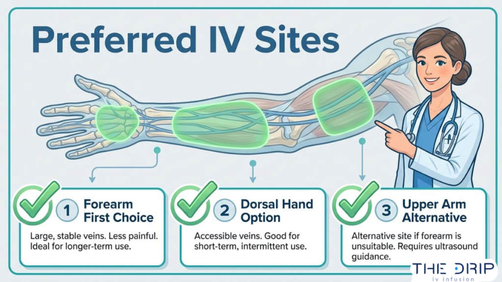 Preferred IV insertion sites diagram showing forearm as first choice, dorsal hand option, and upper arm alternative for safe IV access