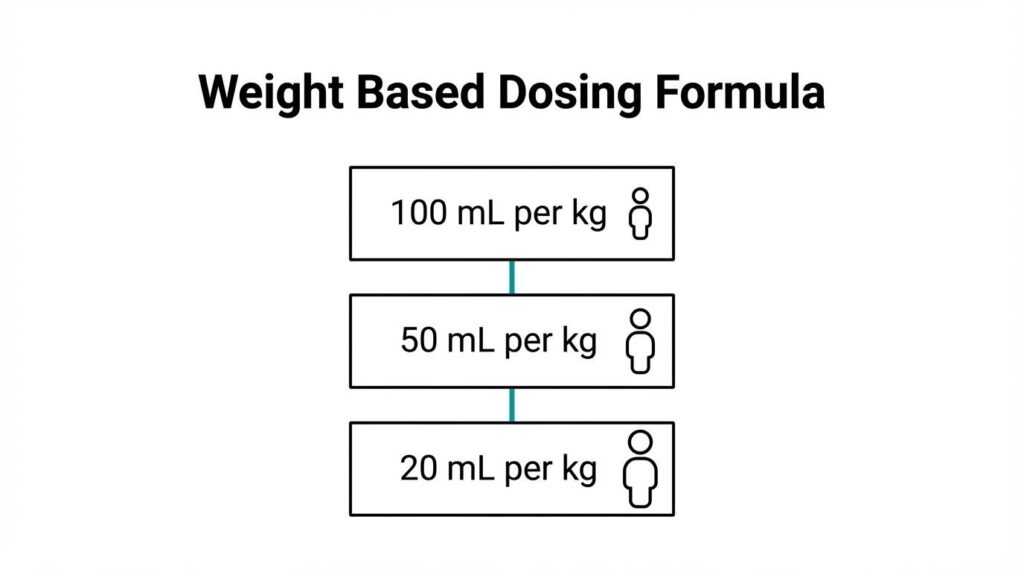 Weight based dosing formula for pediatric IV fluids, illustrating a tiered maintenance protocol of 100 mL per kg, 50 mL per kg, and 20 mL per kg based on patient weight.