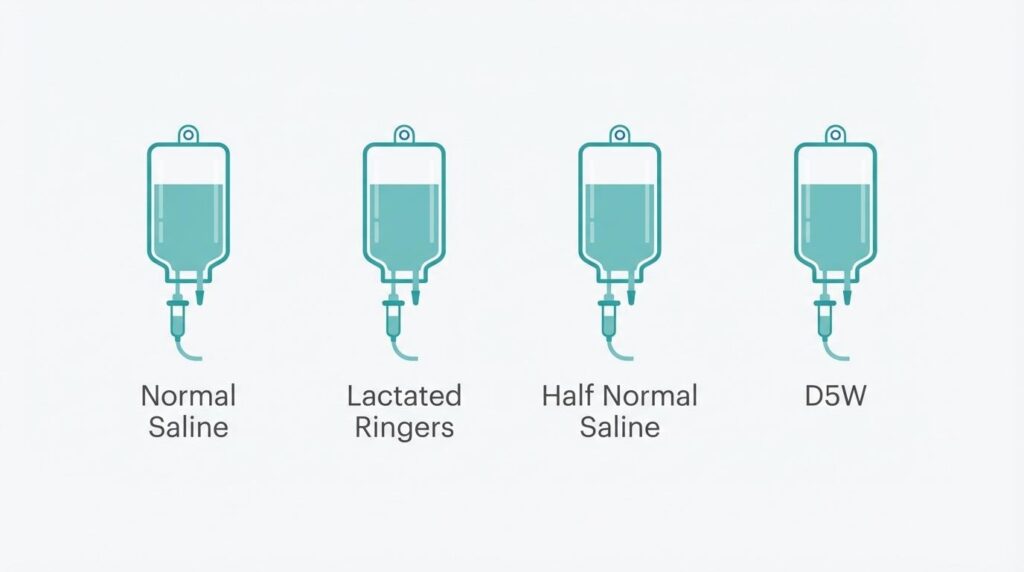 Comparison chart of common IV fluid types including Normal Saline, Lactated Ringers, Half Normal Saline, and D5W (Dextrose 5% in Water).