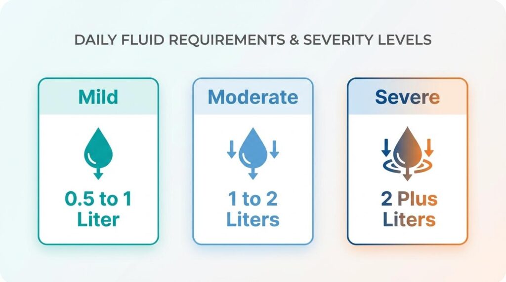 Chart showing daily fluid requirements and dehydration severity levels: Mild (0.5 to 1 Liter), Moderate (1 to 2 Liters), and Severe (2 Plus Liters).