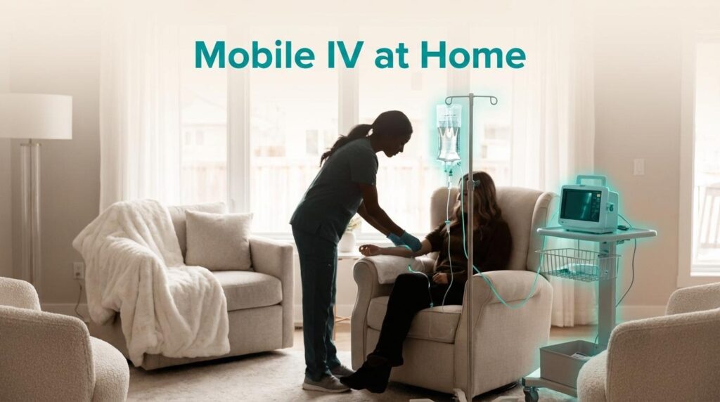 Mobile IV at home service featuring a professional nurse administering a hydration drip to a patient in a comfortable living room setting.