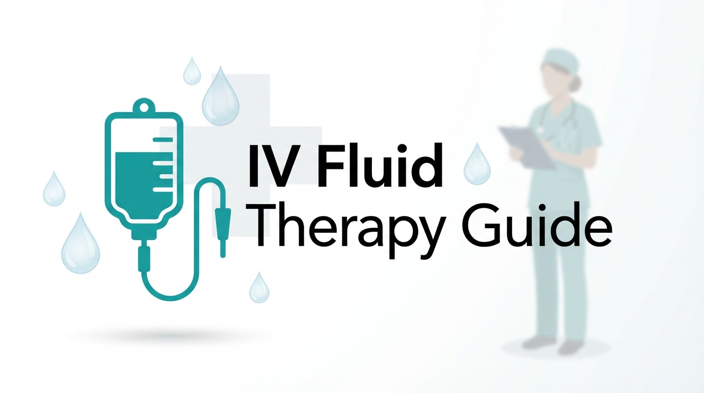 IV Fluid Therapy Guide for clinical hydration and dehydration management, featuring an IV bag icon and a nurse illustration.