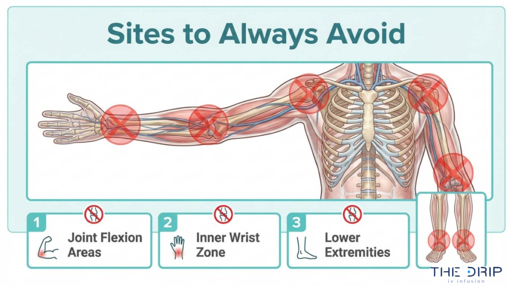 Unsafe IV insertion sites diagram highlighting joint flexion areas, inner wrist, and lower extremities to avoid complications