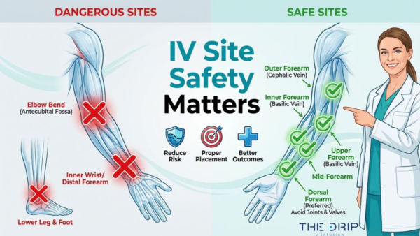 IV site safety comparison showing dangerous injection areas versus safe forearm veins to improve outcomes and reduce risk