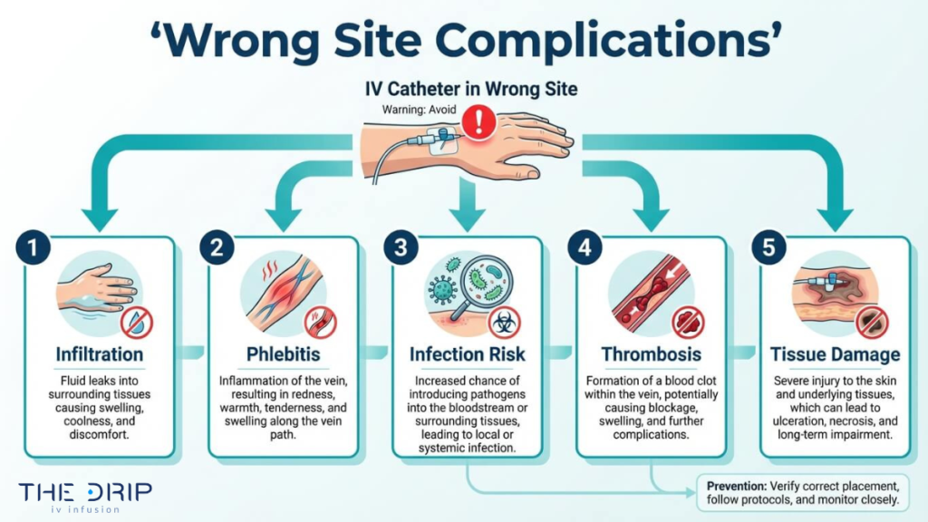 IV catheter complications from incorrect placement including infiltration, phlebitis, infection risk, thrombosis, and tissue damage
