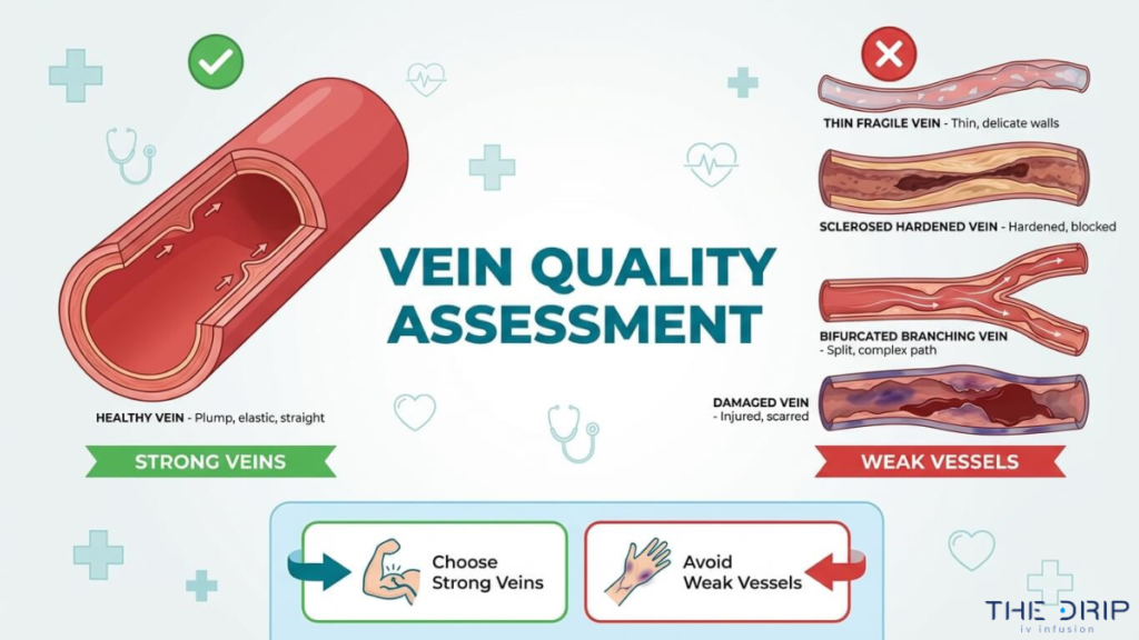 Vein quality assessment chart comparing healthy strong veins versus weak vessels like fragile, sclerosed, bifurcated, and damaged veins
