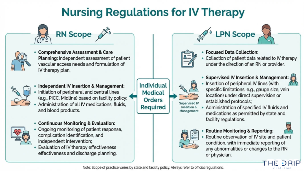 RN vs LPN scope of practice in IV therapy showing differences in assessment, IV insertion, supervision, and patient monitoring requirements