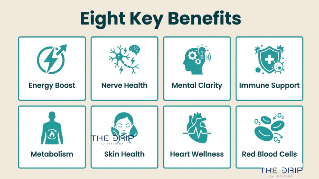 Infographic highlighting benefits of IV therapy such as energy boost, immune support, mental clarity, metabolism, heart health, and skin improvement