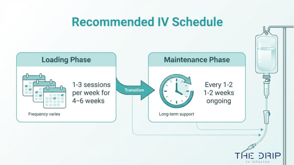 Recommended IV therapy schedule showing loading phase with weekly sessions and maintenance phase with ongoing treatments